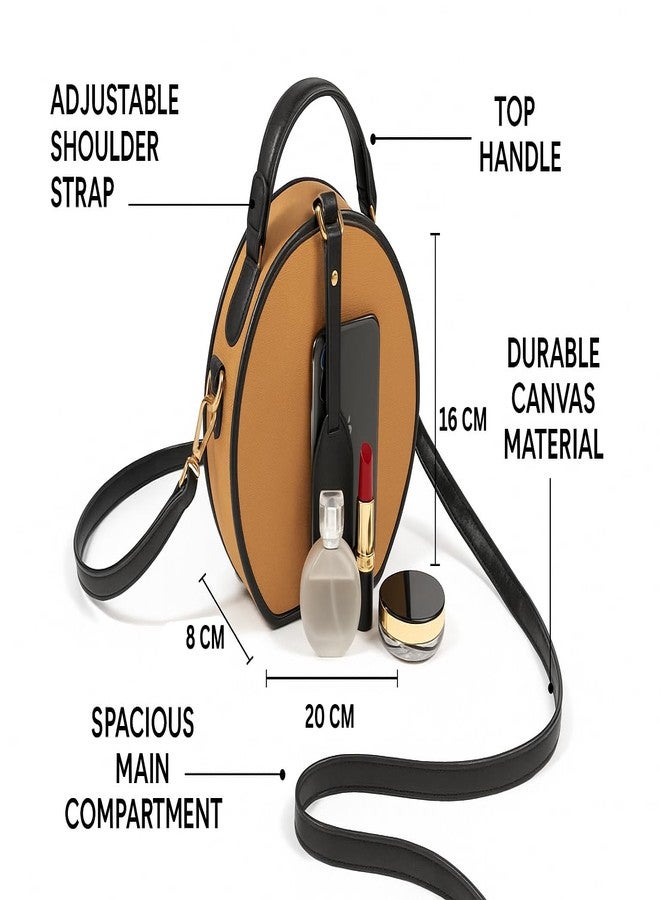 FUOCO Women’s Sling Bag | Stylish Crossbody Handbag for Women | Small Round Purse, Mini Shoulder Bag, Ladies Sling Bag for Women Latest, Casual Travel Bag, Moon Bag Trend (Black/Tan) - Image 4